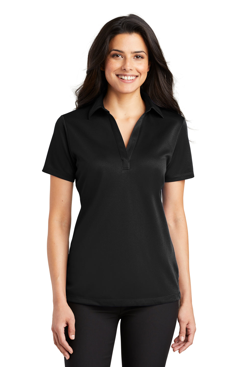 Port Authority L540 Womens Silk Touch Performance Moisture Wicking Short Sleeve Polo Shirt Black Model Front