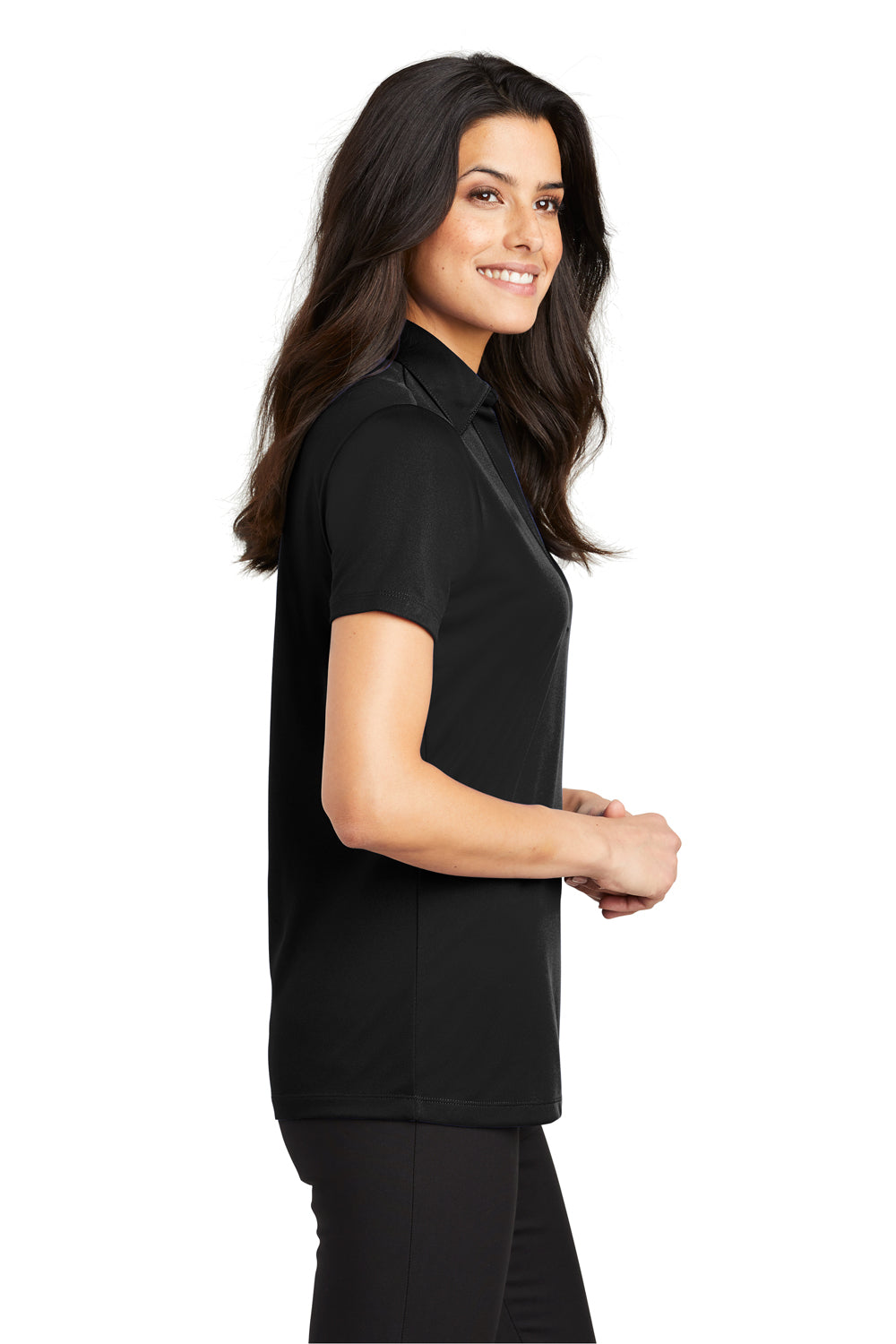 Port Authority L540 Womens Silk Touch Performance Moisture Wicking Short Sleeve Polo Shirt Black Model Side