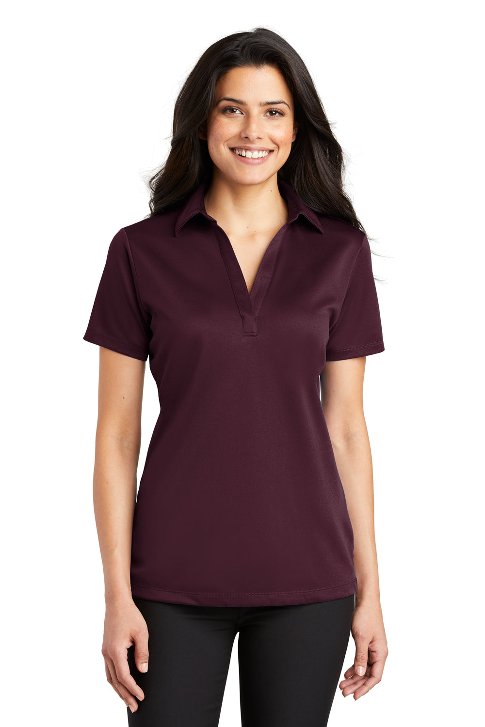 Port Authority L540 Womens Silk Touch Performance Moisture Wicking Short Sleeve Polo Shirt Maroon Model Front