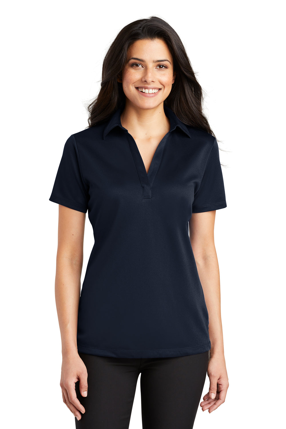 Port Authority L540 Womens Silk Touch Performance Moisture Wicking Short Sleeve Polo Shirt Navy Blue Model Front