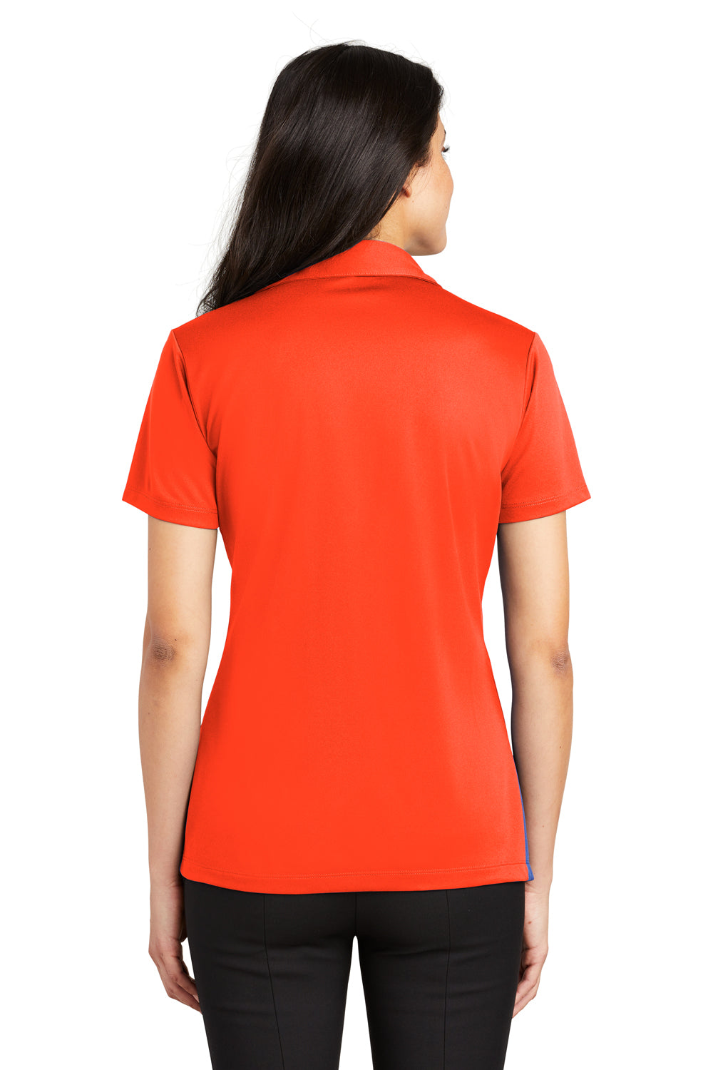 Port Authority L540 Womens Silk Touch Performance Moisture Wicking Short Sleeve Polo Shirt Neon Orange Model Back