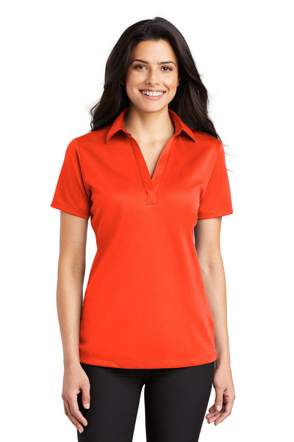 Port Authority L540 Womens Silk Touch Performance Moisture Wicking Short Sleeve Polo Shirt Neon Orange Model Front