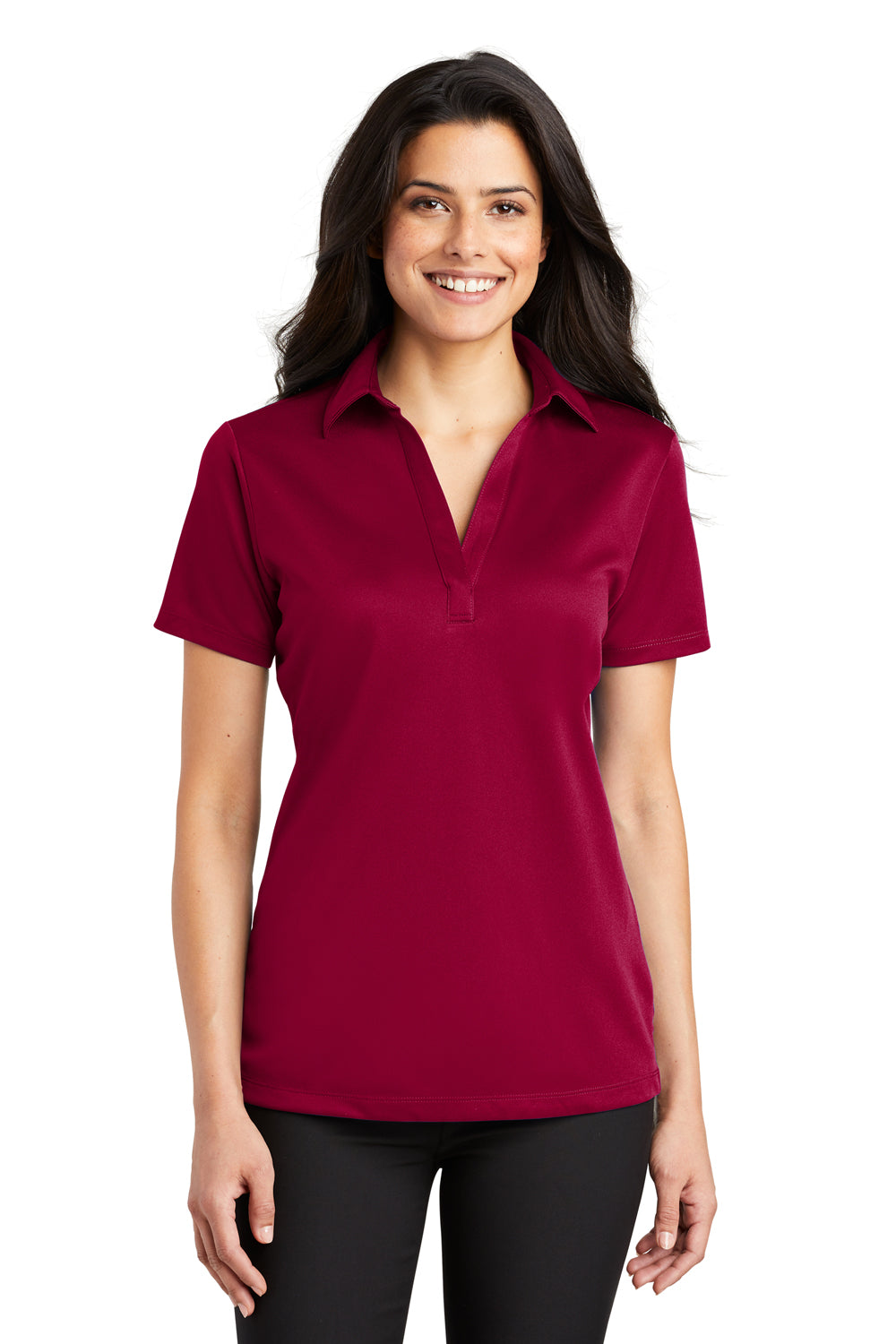 Port Authority L540 Womens Silk Touch Performance Moisture Wicking Short Sleeve Polo Shirt Red Model Front