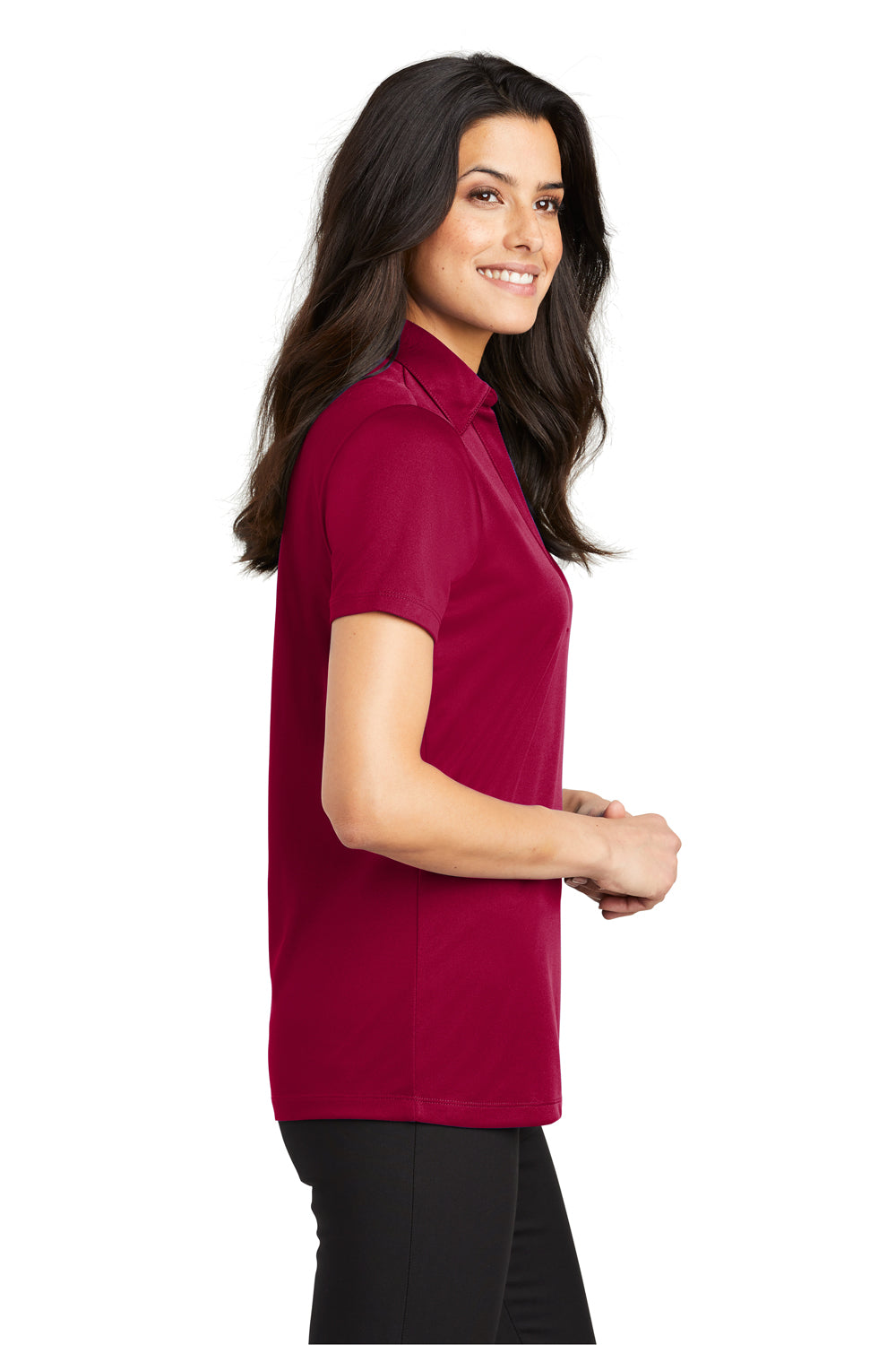 Port Authority L540 Womens Silk Touch Performance Moisture Wicking Short Sleeve Polo Shirt Red Model Side