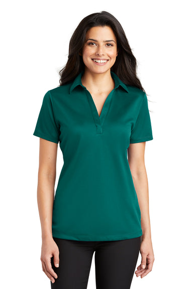 Port Authority L540 Womens Silk Touch Performance Moisture Wicking Short Sleeve Polo Shirt Teal Green Model Front