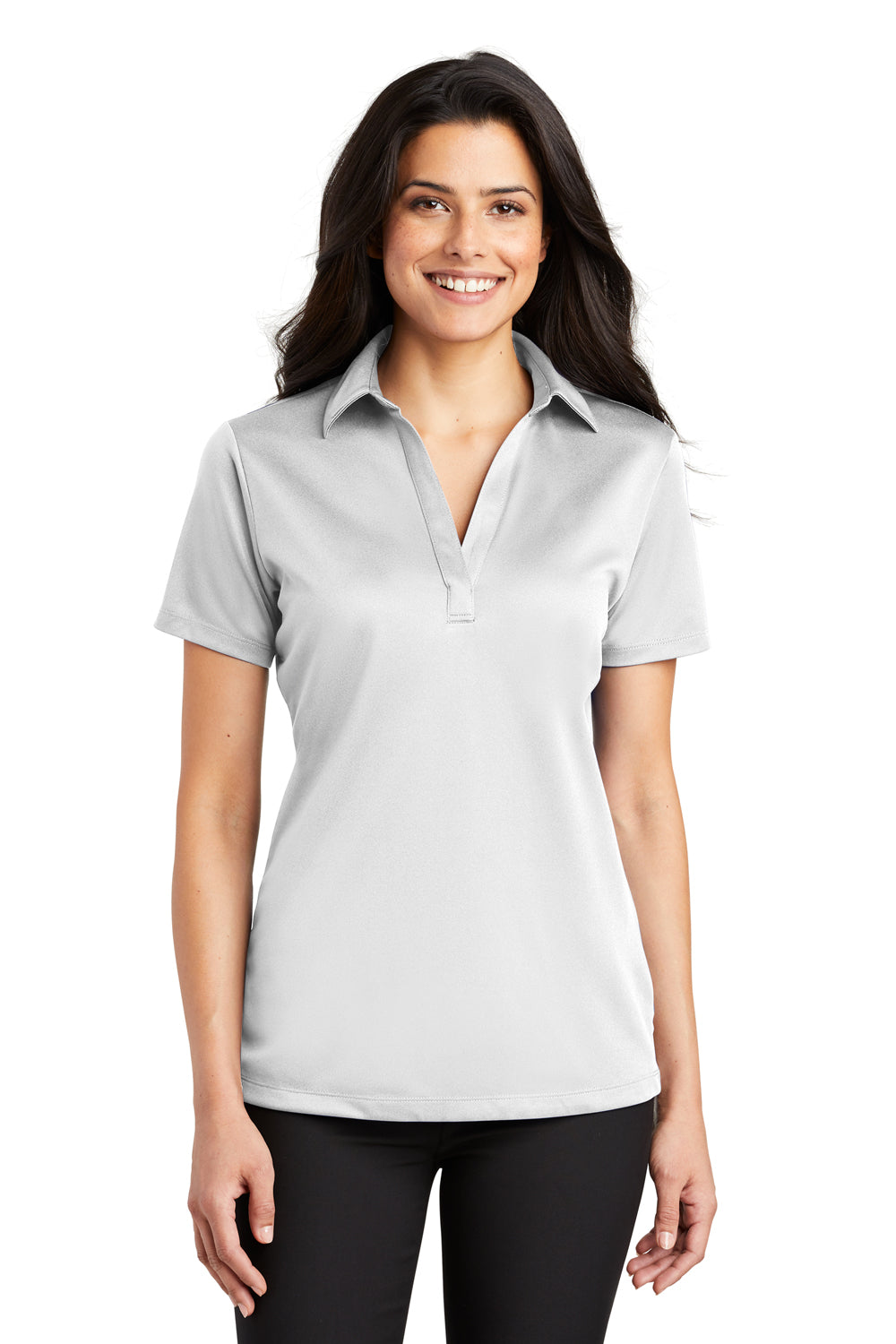 Port Authority L540 Womens Silk Touch Performance Moisture Wicking Short Sleeve Polo Shirt White Model Front