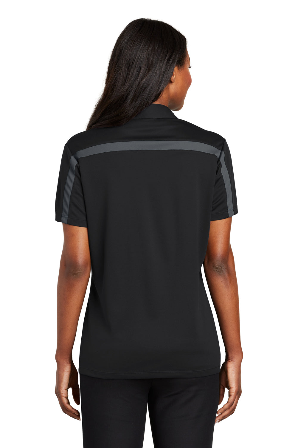 Port Authority L547 Womens Silk Touch Performance Moisture Wicking Short Sleeve Polo Shirt Black/Steel Grey Model Back