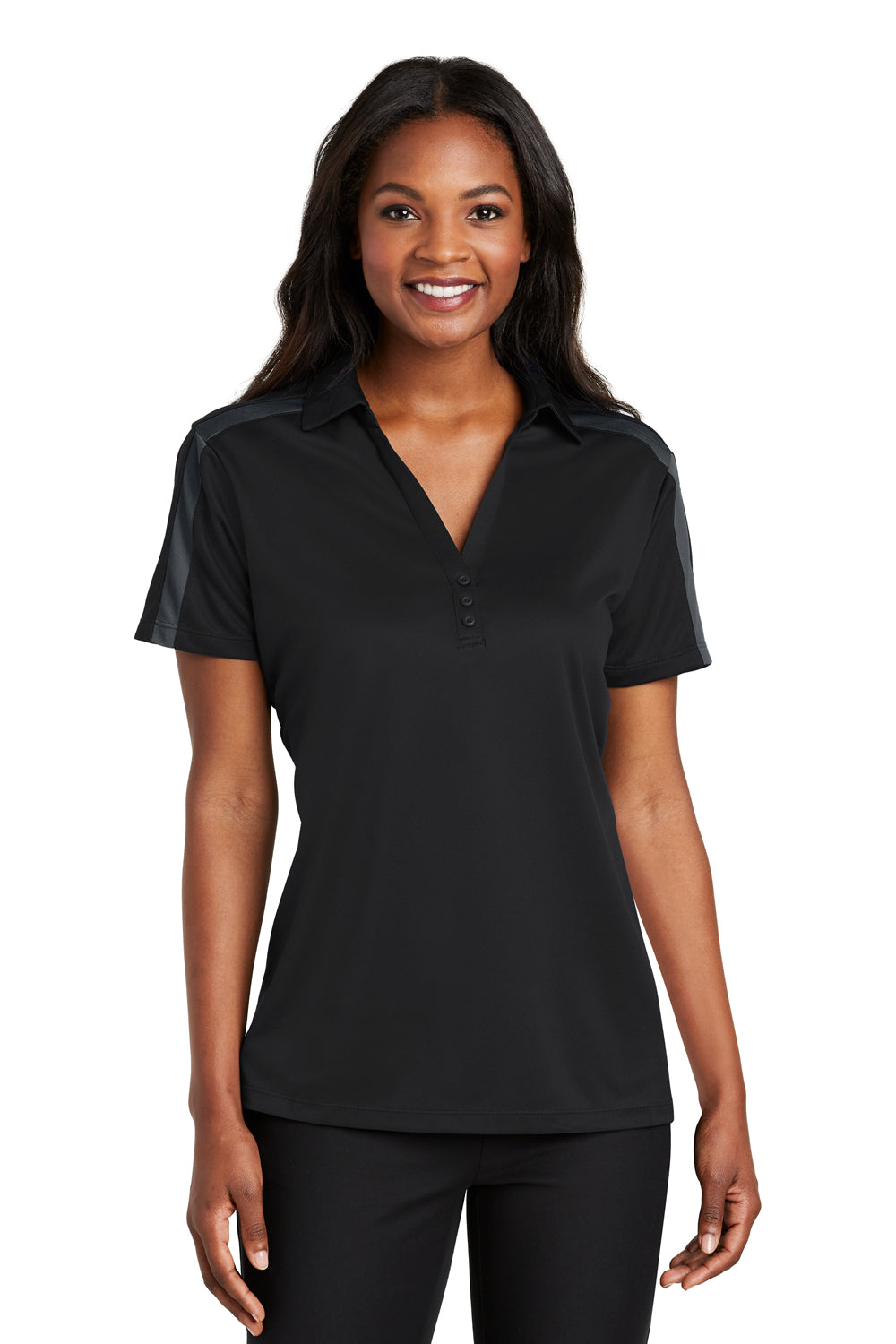 Port Authority L547 Womens Silk Touch Performance Moisture Wicking Short Sleeve Polo Shirt Black/Steel Grey Model Front