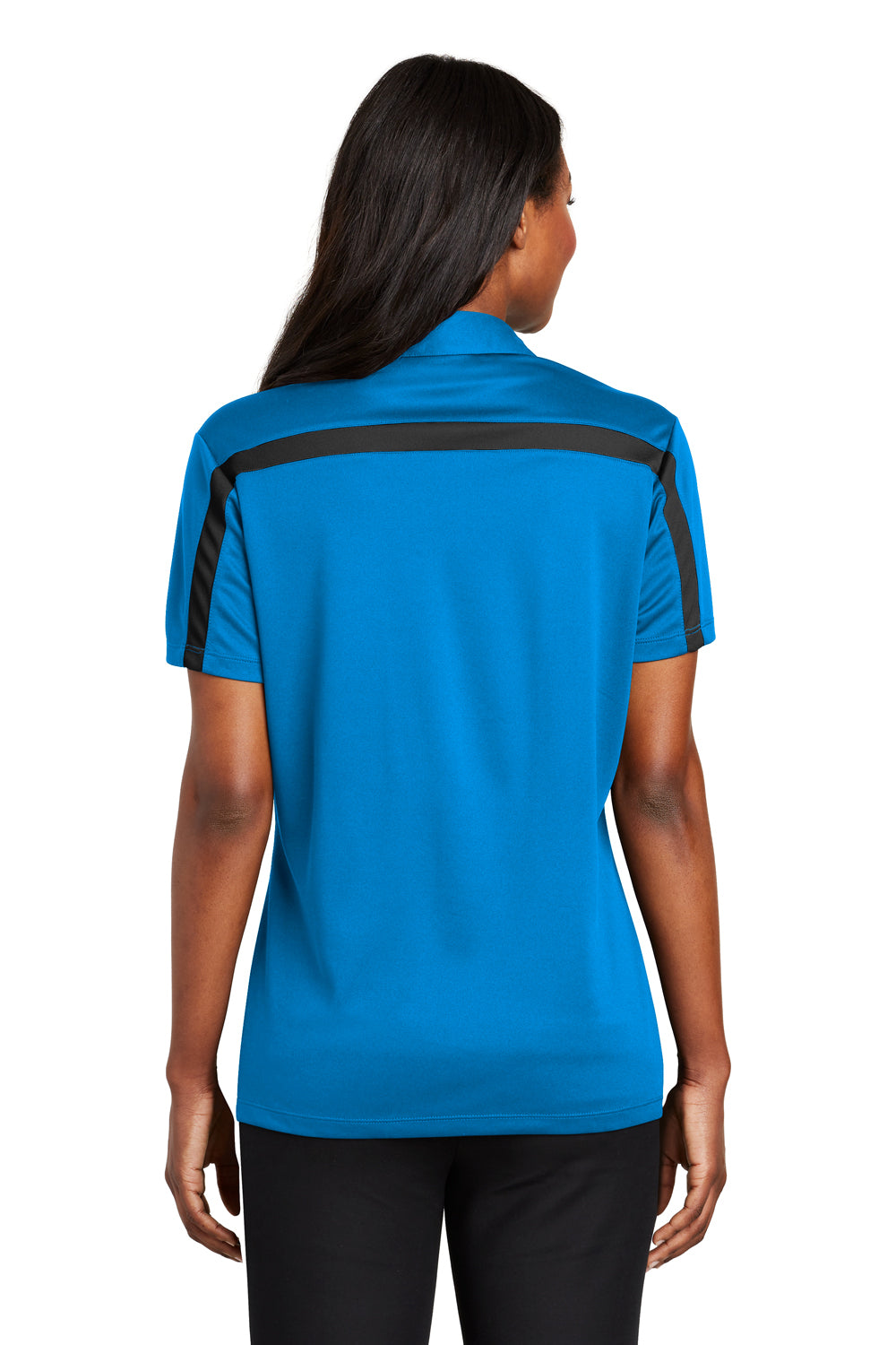 Port Authority L547 Womens Silk Touch Performance Moisture Wicking Short Sleeve Polo Shirt Brilliant Blue/Black Model Back