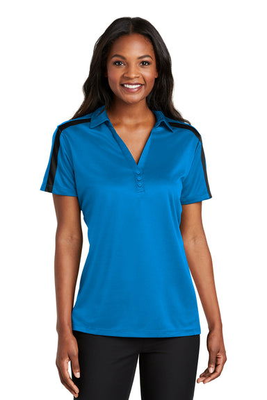 Port Authority L547 Womens Silk Touch Performance Moisture Wicking Short Sleeve Polo Shirt Brilliant Blue/Black Model Front