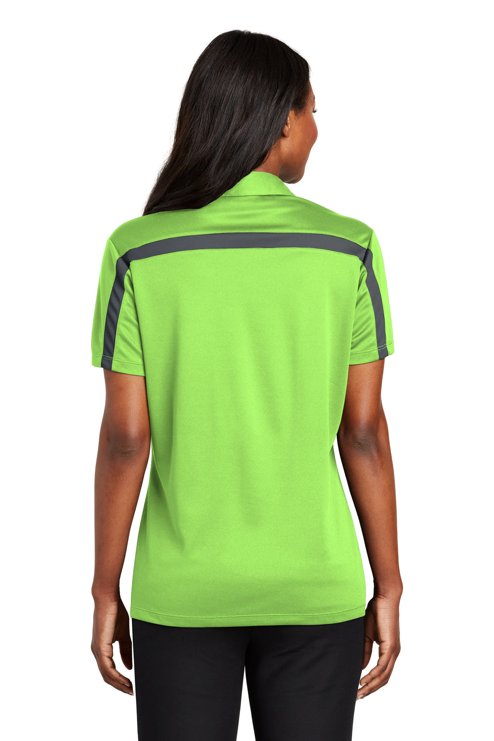 Port Authority L547 Womens Silk Touch Performance Moisture Wicking Short Sleeve Polo Shirt Lime Green/Steel Grey Model Back