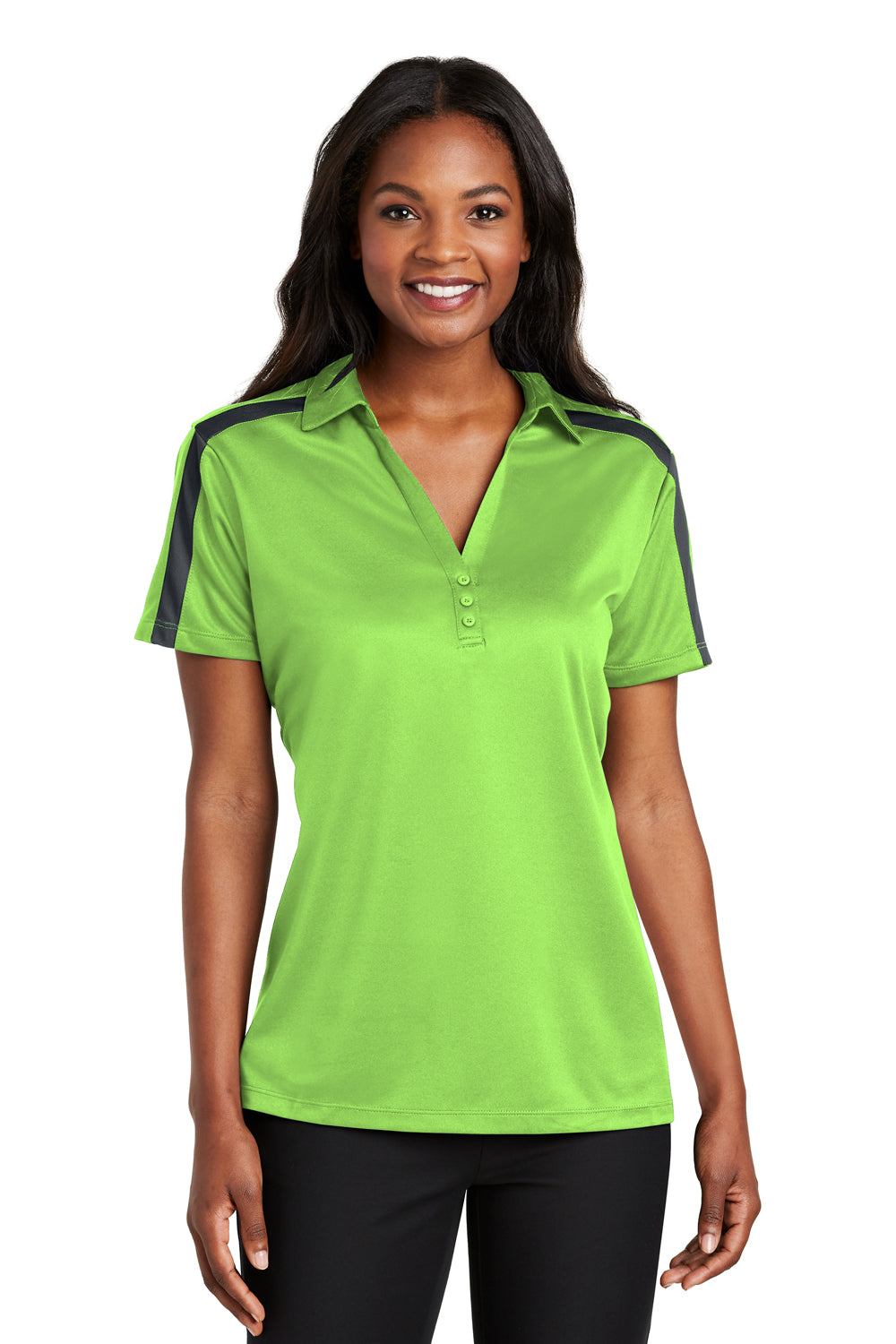 Port Authority L547 Womens Silk Touch Performance Moisture Wicking Short Sleeve Polo Shirt Lime Green/Steel Grey Model Front