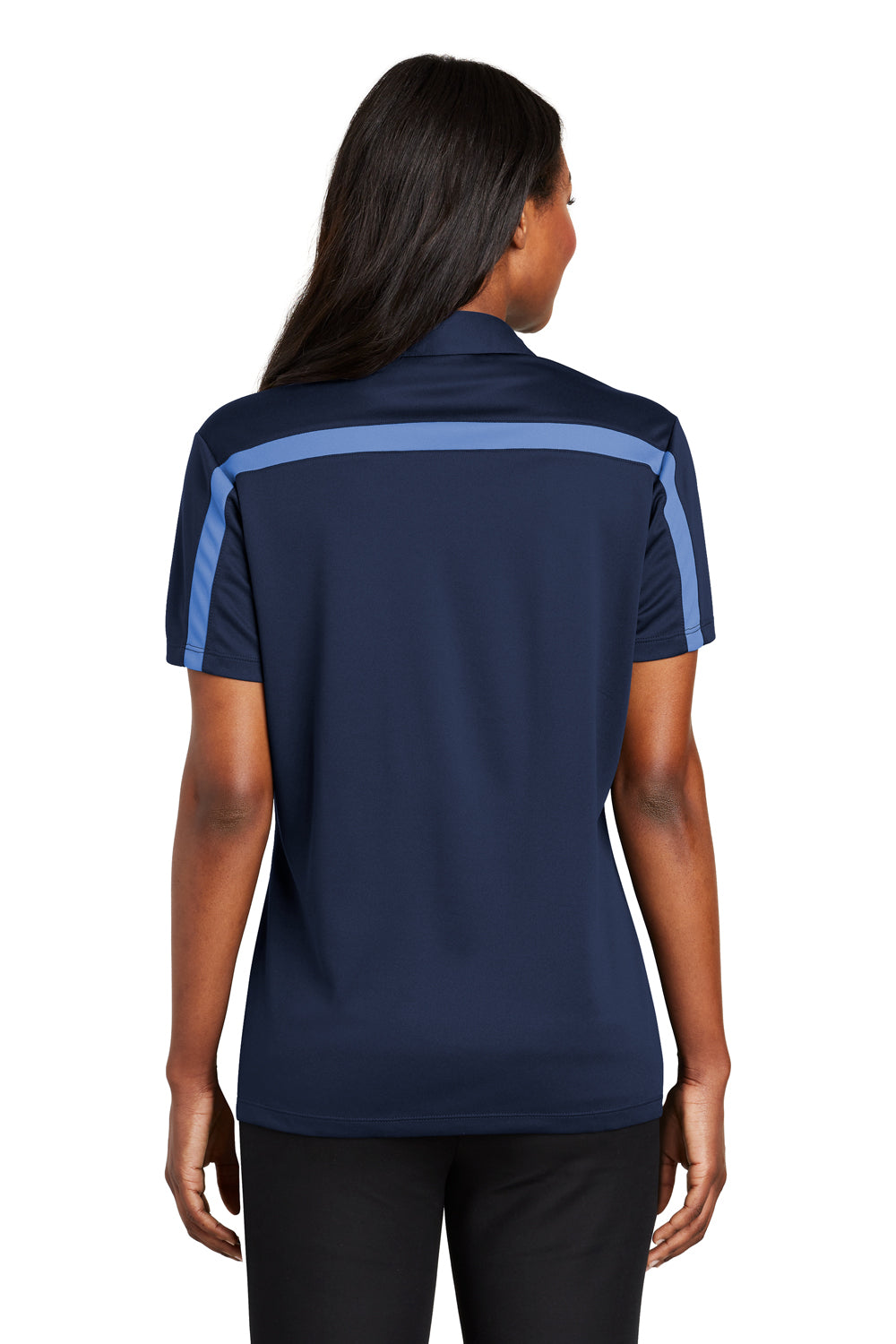 Port Authority L547 Womens Silk Touch Performance Moisture Wicking Short Sleeve Polo Shirt Navy Blue/Carolina Blue Model Back