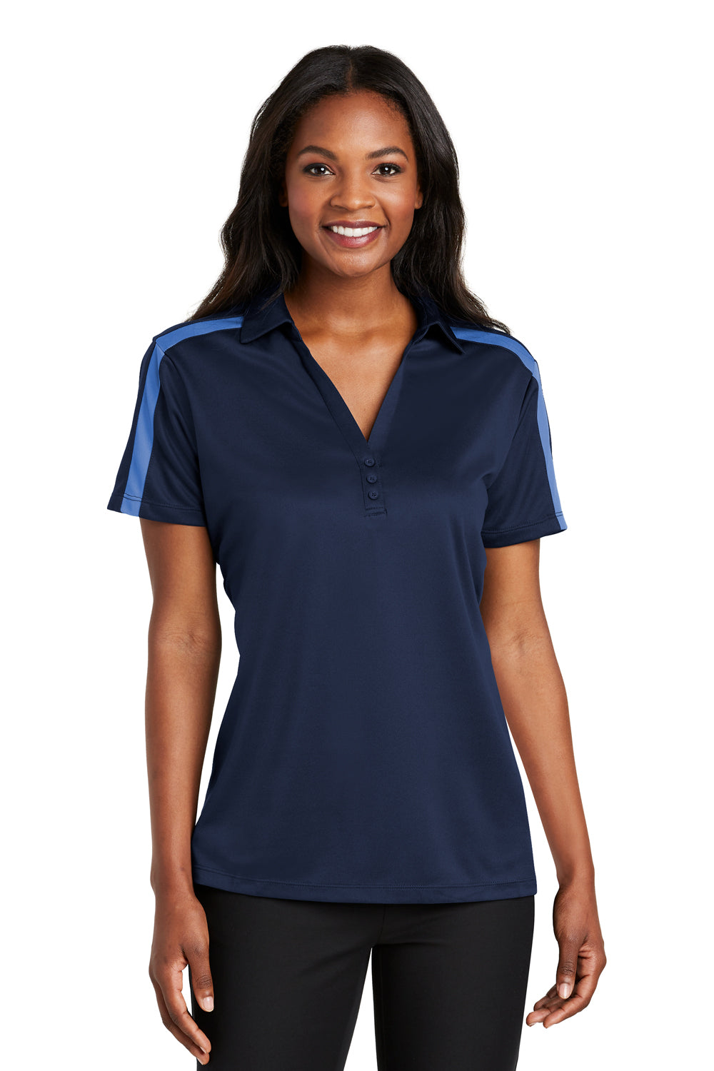 Port Authority L547 Womens Silk Touch Performance Moisture Wicking Short Sleeve Polo Shirt Navy Blue/Carolina Blue Model Front