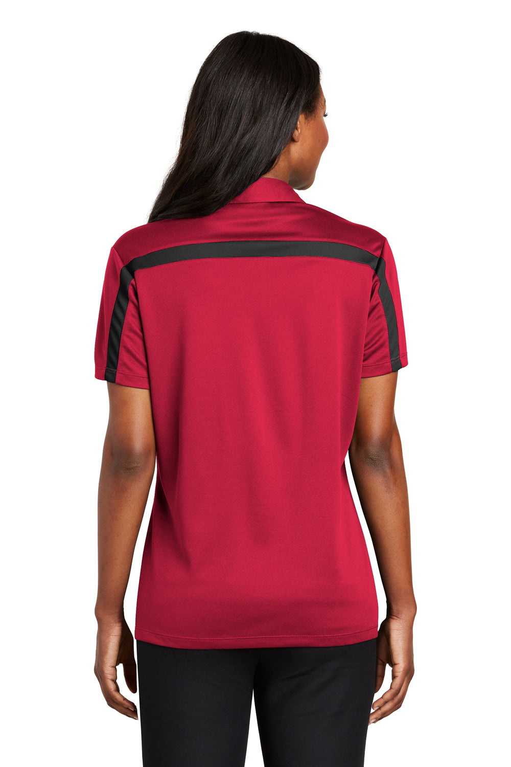 Port Authority L547 Womens Silk Touch Performance Moisture Wicking Short Sleeve Polo Shirt Red/Black Model Back