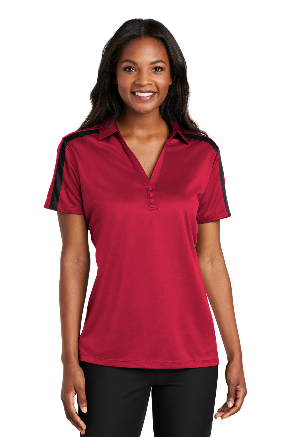 Port Authority L547 Womens Silk Touch Performance Moisture Wicking Short Sleeve Polo Shirt Red/Black Model Front