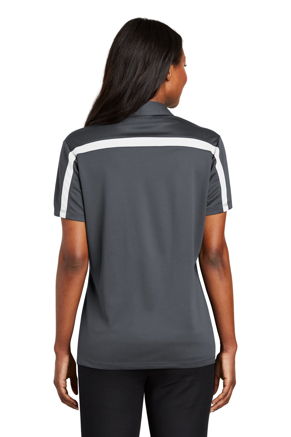 Port Authority L547 Womens Silk Touch Performance Moisture Wicking Short Sleeve Polo Shirt Steel Grey/White Model Back