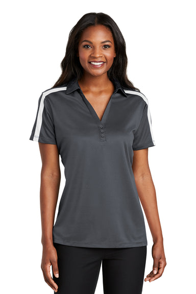 Port Authority L547 Womens Silk Touch Performance Moisture Wicking Short Sleeve Polo Shirt Steel Grey/White Model Front