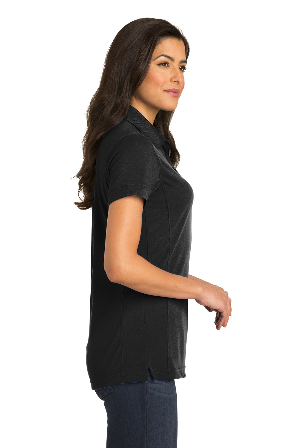 Port Authority L567 Womens 5-in-1 Performance Moisture Wicking Short Sleeve Polo Shirt Black Model Side