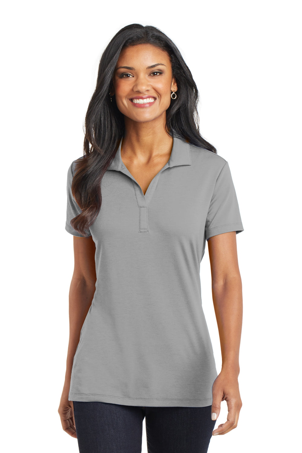 Port Authority L568 Womens Cotton Touch Performance Moisture Wicking Short Sleeve Polo Shirt Frost Grey Model Front