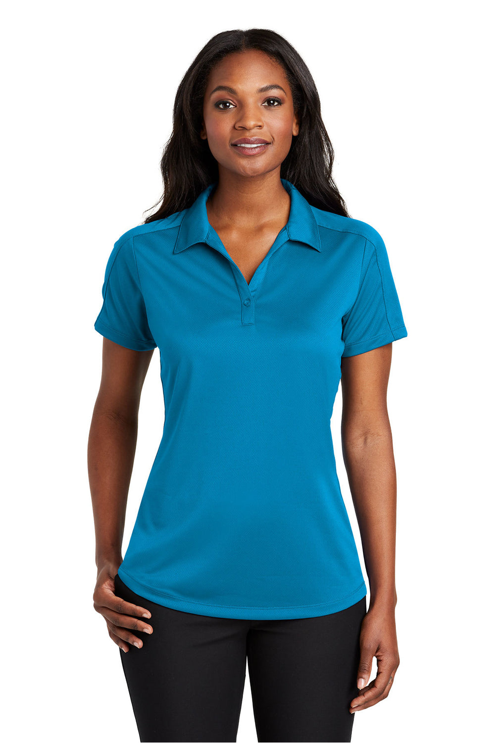 Port Authority L569 Womens Moisture Wicking Short Sleeve Polo Shirt Blue Wake Model Front