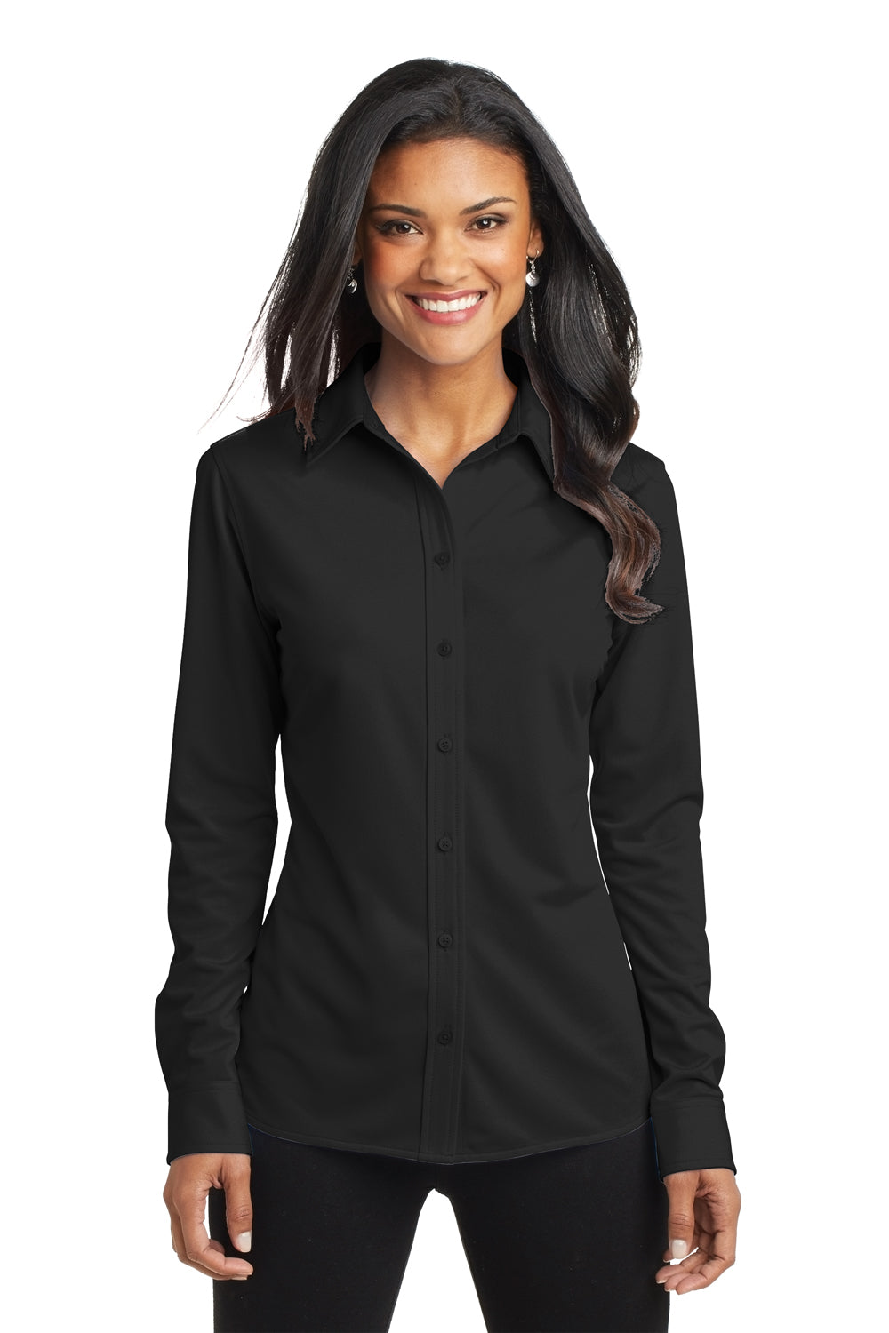 Port Authority L570 Womens Dimension Moisture Wicking Long Sleeve Button Down Shirt Black Model Front