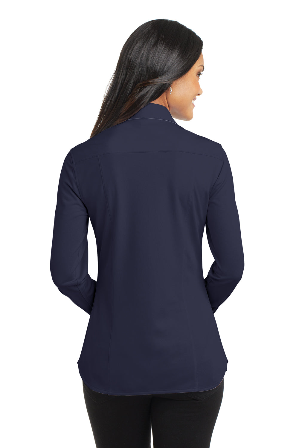 Port Authority L570 Womens Dimension Moisture Wicking Long Sleeve Button Down Shirt Dark Navy Blue Model Back