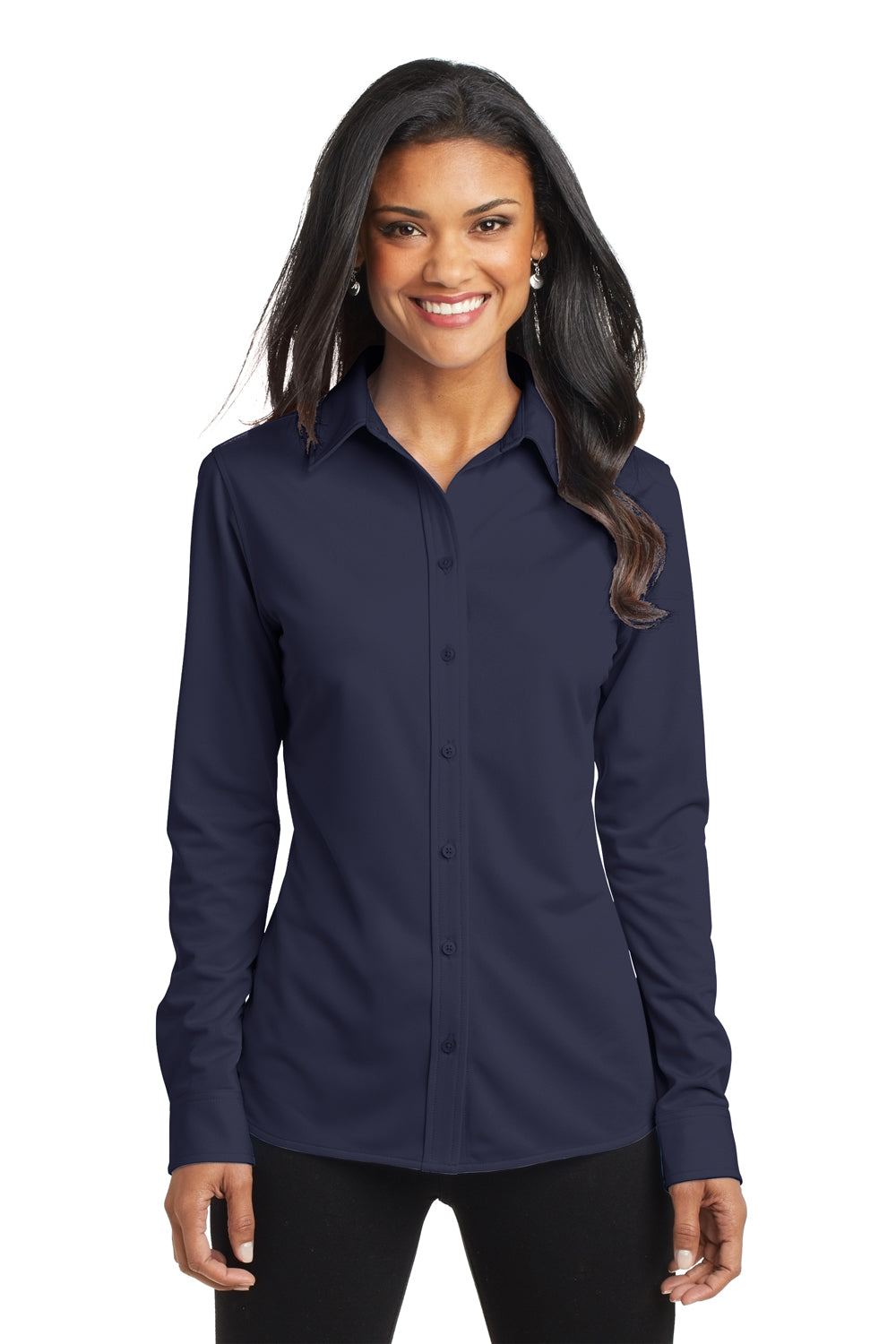 Port Authority L570 Womens Dimension Moisture Wicking Long Sleeve Button Down Shirt Dark Navy Blue Model Front