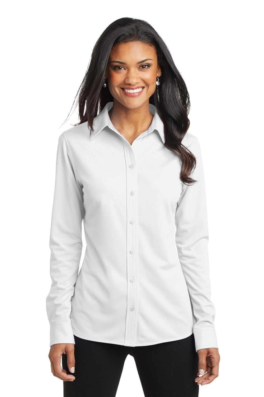 Port Authority L570 Womens Dimension Moisture Wicking Long Sleeve Button Down Shirt White Model Front