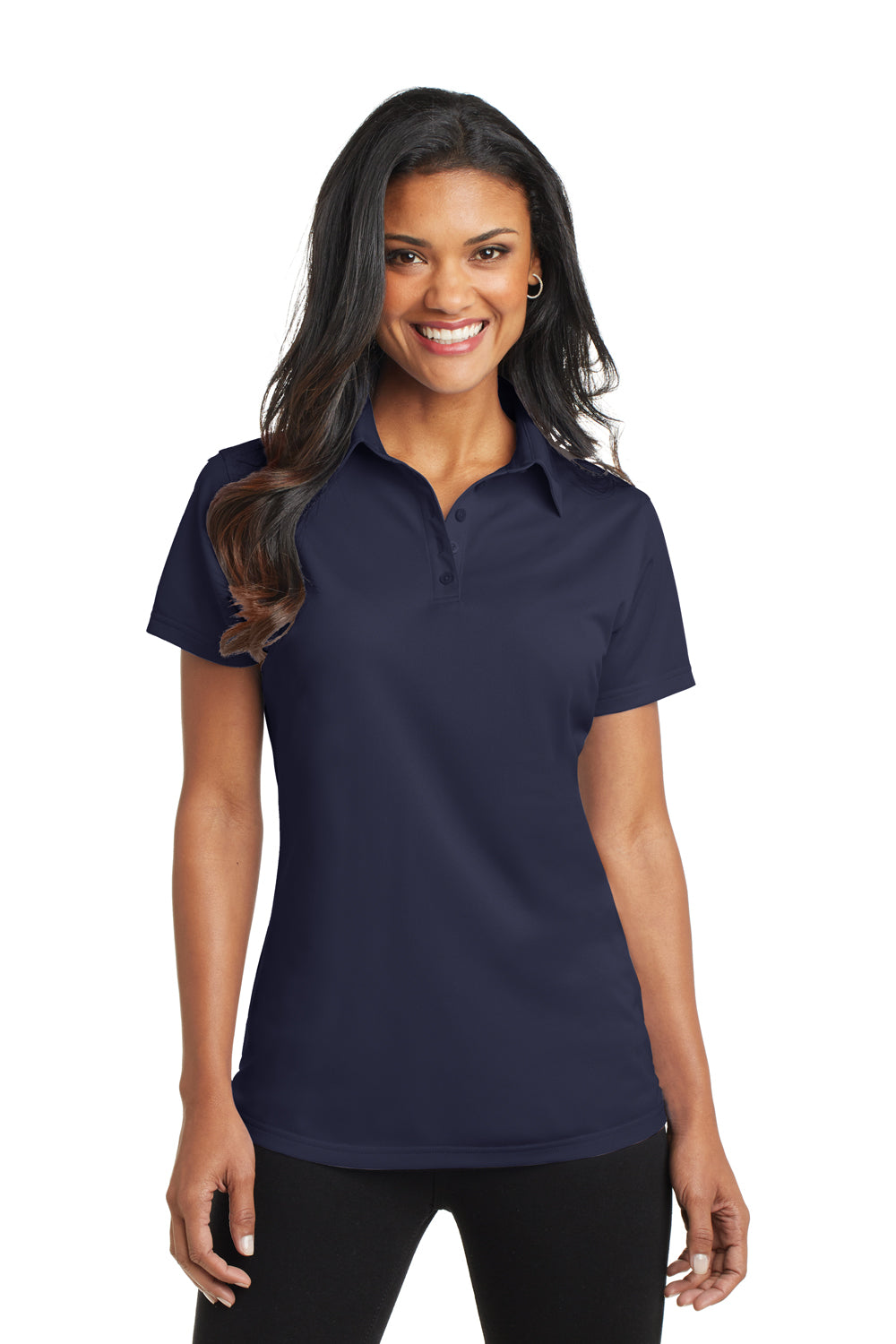 Port Authority L571 Womens Dimension Moisture Wicking Short Sleeve Polo Shirt Dark Navy Blue Model Front