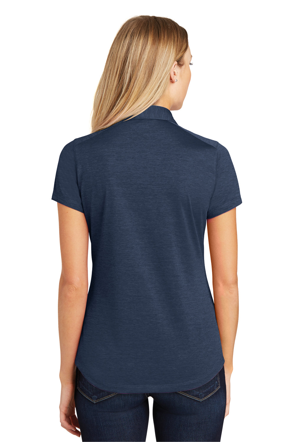 Port Authority L574 Womens Digi Heather Performance Moisture Wicking Short Sleeve Polo Shirt Dress Navy Blue Model Back