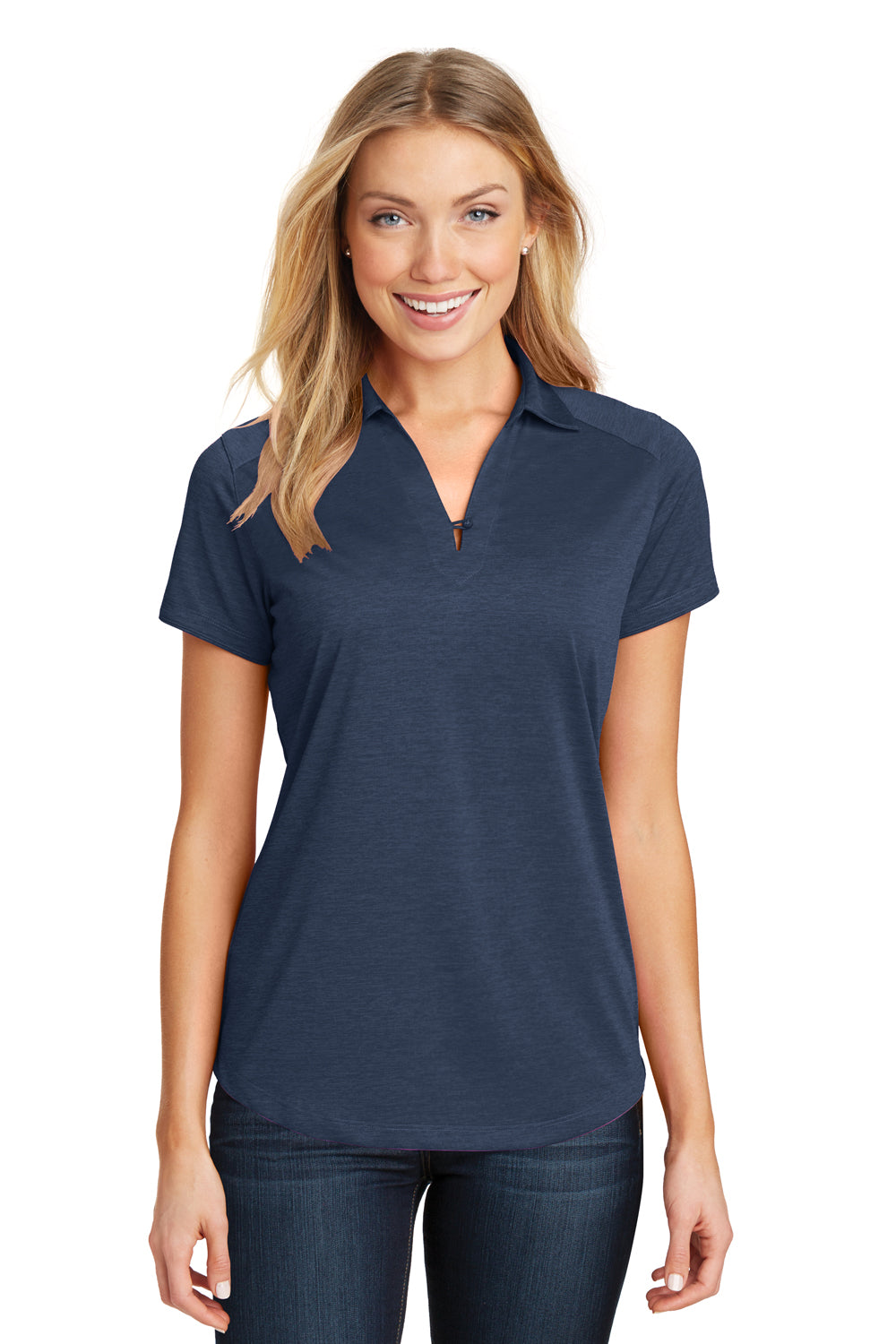 Port Authority L574 Womens Digi Heather Performance Moisture Wicking Short Sleeve Polo Shirt Dress Navy Blue Model Front