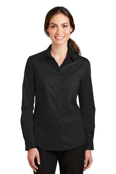 Port Authority L663 Womens SuperPro Wrinkle Resistant Long Sleeve Button Down Shirt Black Model Front