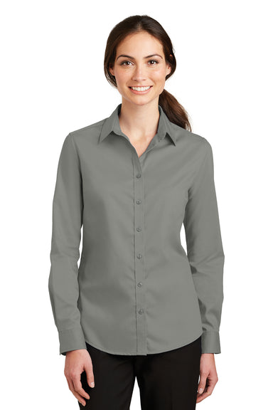 Port Authority L663 Womens SuperPro Wrinkle Resistant Long Sleeve Button Down Shirt Monument Grey Model Front