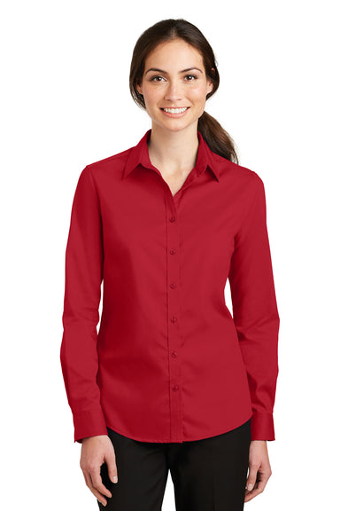 Port Authority L663 Womens SuperPro Wrinkle Resistant Long Sleeve Button Down Shirt Rich Red Model Front