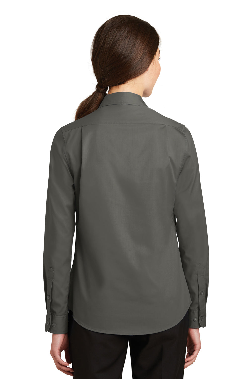 Port Authority L663 Womens SuperPro Wrinkle Resistant Long Sleeve Button Down Shirt Sterling Grey Model Back