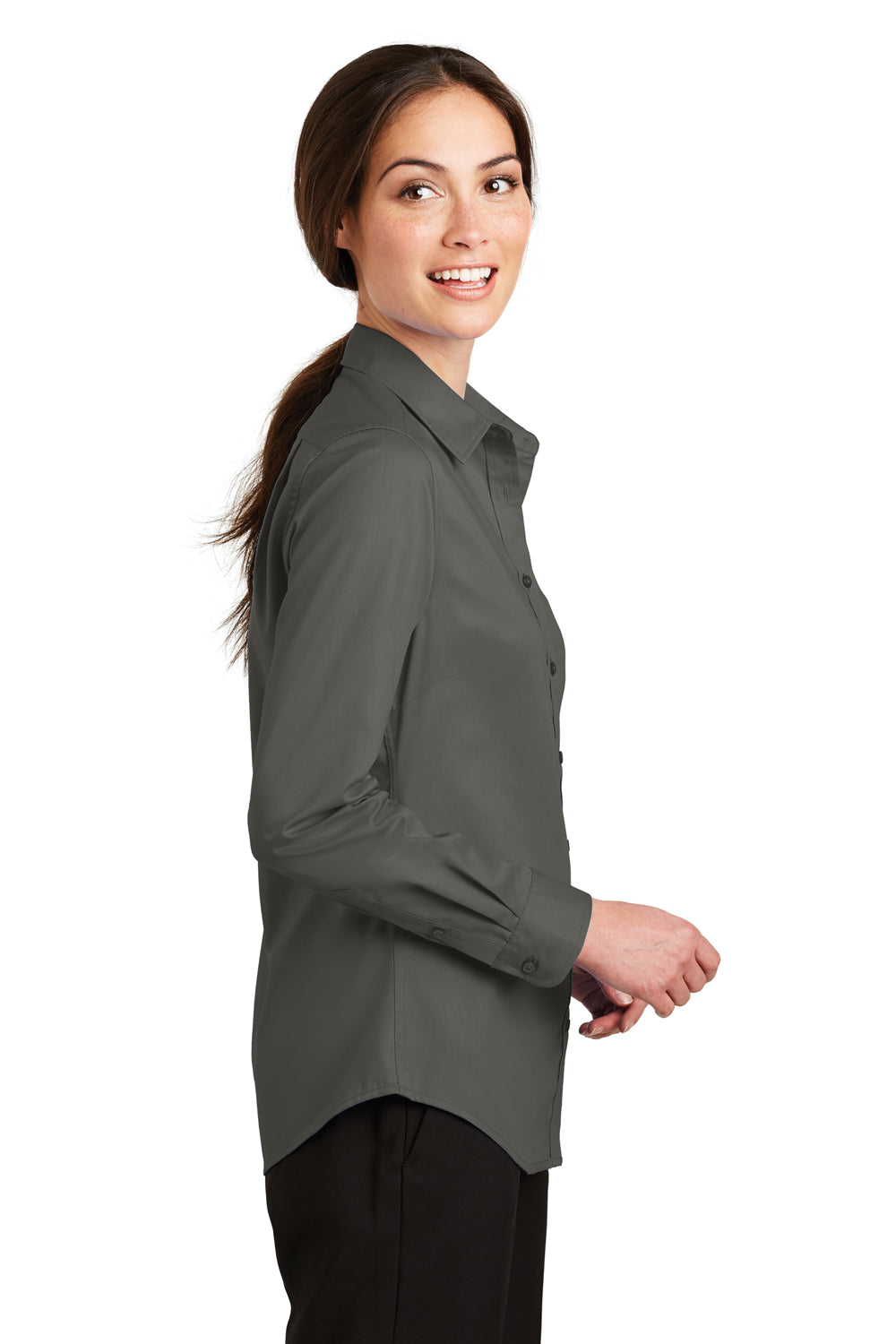 Port Authority L663 Womens SuperPro Wrinkle Resistant Long Sleeve Button Down Shirt Sterling Grey Model Side