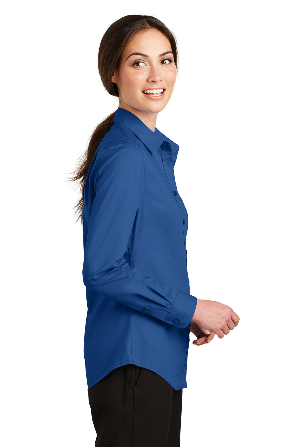 Port Authority L663 Womens SuperPro Wrinkle Resistant Long Sleeve Button Down Shirt True Blue Model Side