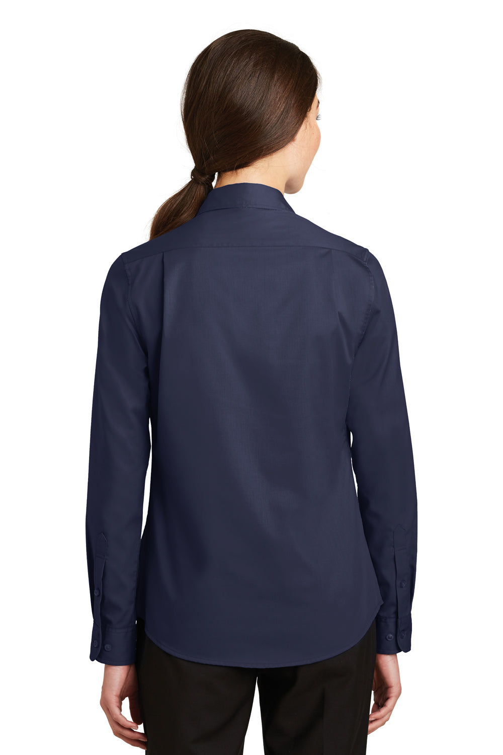 Port Authority L663 Womens SuperPro Wrinkle Resistant Long Sleeve Button Down Shirt True Navy Blue Model Back