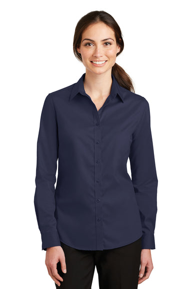 Port Authority L663 Womens SuperPro Wrinkle Resistant Long Sleeve Button Down Shirt True Navy Blue Model Front