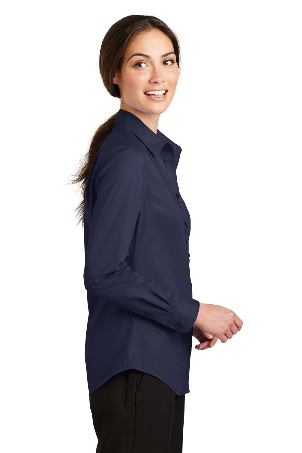 Port Authority L663 Womens SuperPro Wrinkle Resistant Long Sleeve Button Down Shirt True Navy Blue Model Side