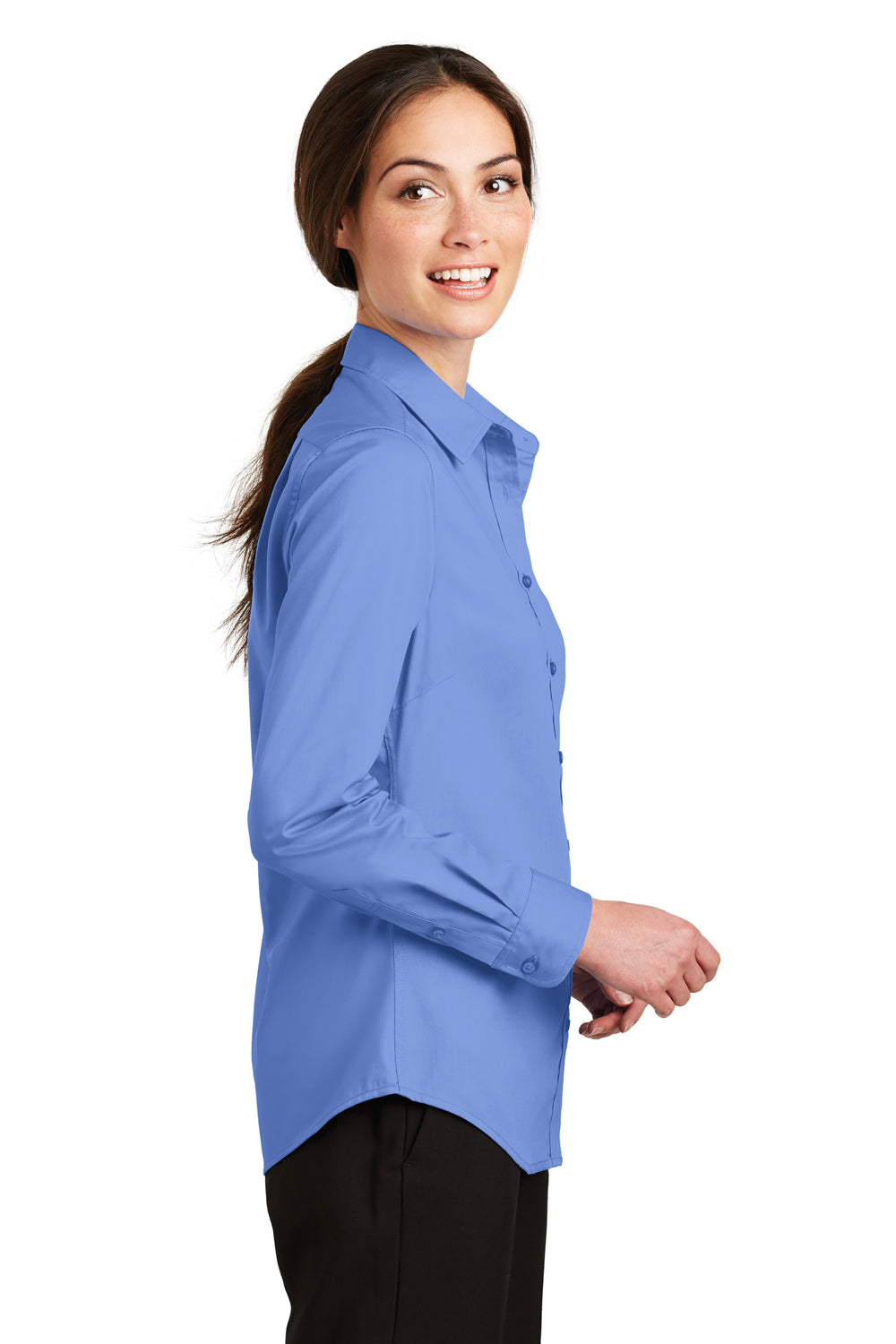 Port Authority L663 Womens SuperPro Wrinkle Resistant Long Sleeve Button Down Shirt Ultramarine Blue Model Side