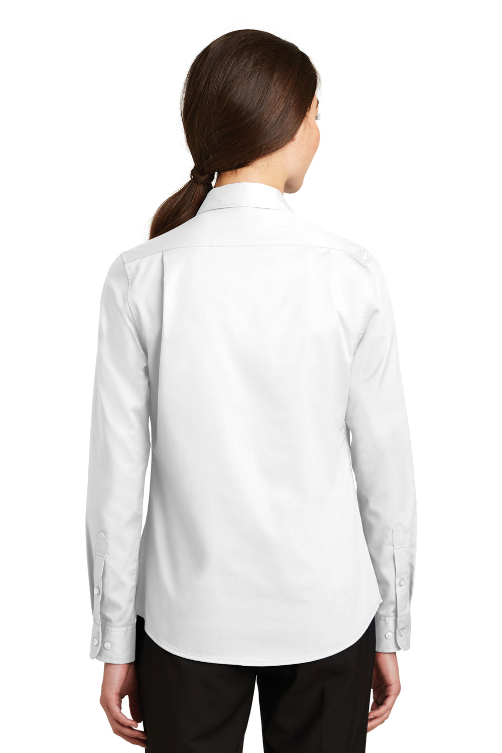 Port Authority L663 Womens SuperPro Wrinkle Resistant Long Sleeve Button Down Shirt White Model Back