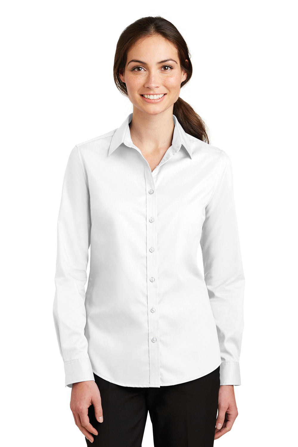 Port Authority L663 Womens SuperPro Wrinkle Resistant Long Sleeve Button Down Shirt White Model Front