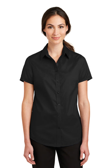 Port Authority L664 Womens SuperPro Wrinkle Resistant Short Sleeve Button Down Shirt Black Model Front