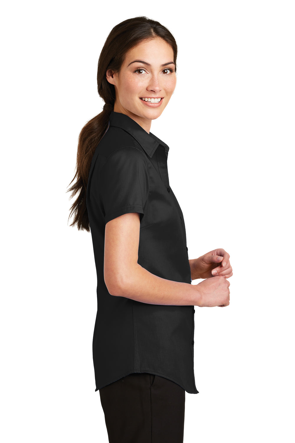 Port Authority L664 Womens SuperPro Wrinkle Resistant Short Sleeve Button Down Shirt Black Model Side