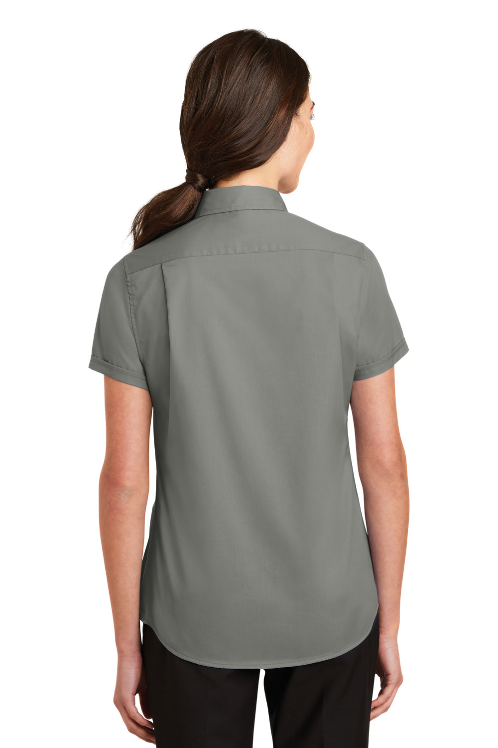 Port Authority L664 Womens SuperPro Wrinkle Resistant Short Sleeve Button Down Shirt Monument Grey Model Back