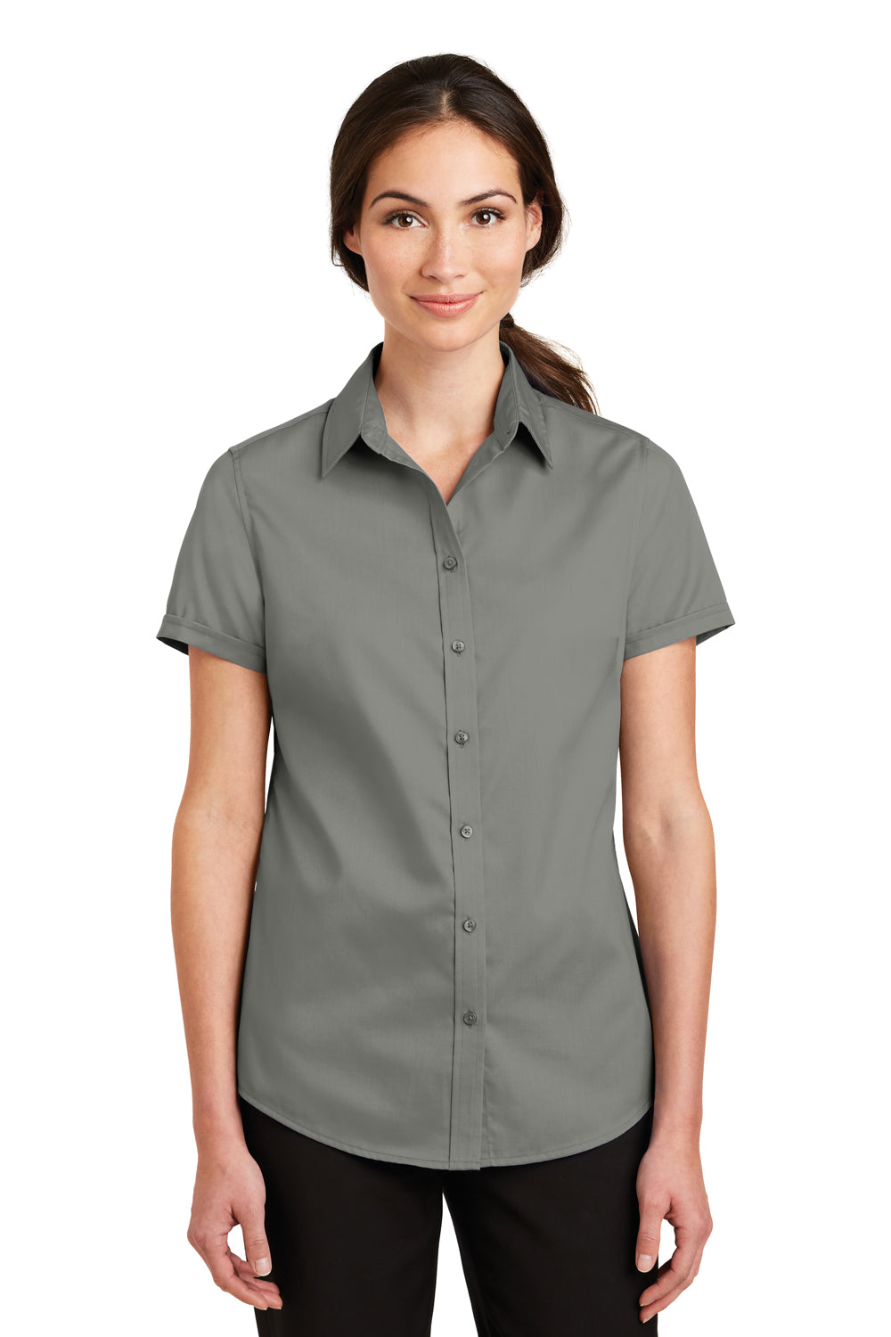 Port Authority L664 Womens SuperPro Wrinkle Resistant Short Sleeve Button Down Shirt Monument Grey Model Front