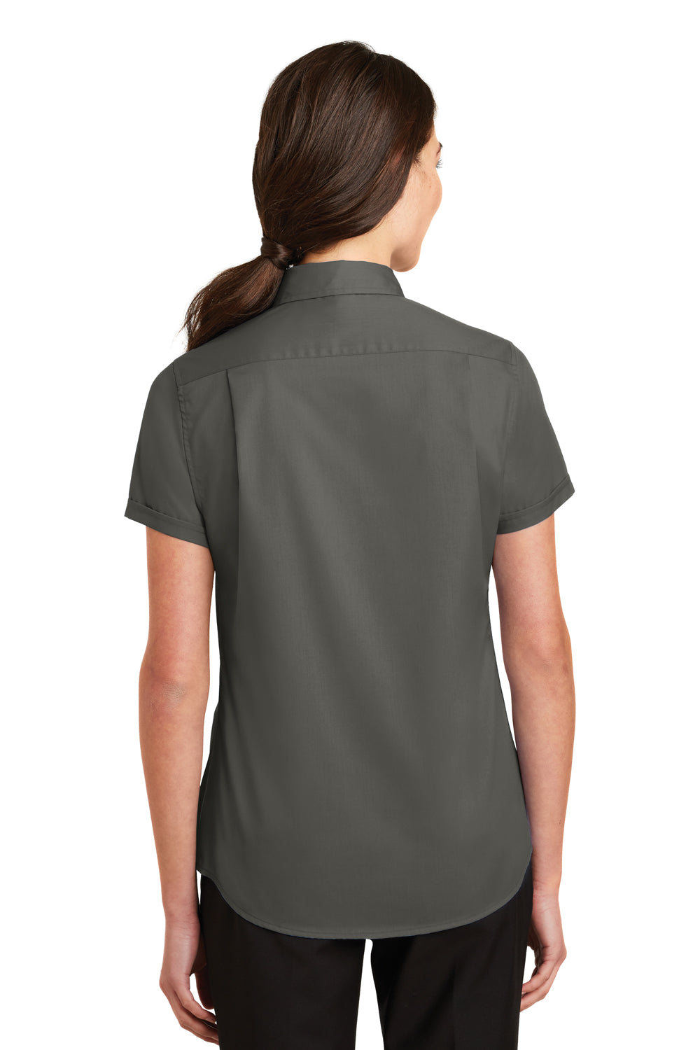 Port Authority L664 Womens SuperPro Wrinkle Resistant Short Sleeve Button Down Shirt Sterling Grey Model Back