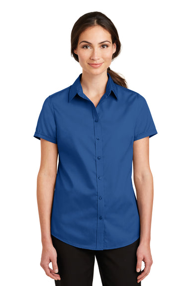 Port Authority L664 Womens SuperPro Wrinkle Resistant Short Sleeve Button Down Shirt True Blue Model Front